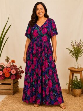 VTG 80s Floral Maxi Dress Overlay Built In Slip Whimsigoth Boho 14W Romantic